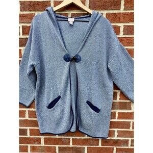 Chicos Hooded Knit Jacket Womens Size 2 Navy White Toggle Closure Nautical